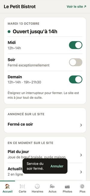 Espace restaurateur : l'interrupteur du service du soir est éteint